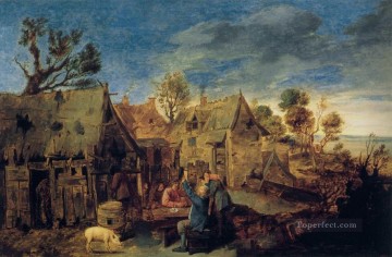 アドリアン・ブラウワー Painting - バロックの田園生活を飲む男たちと村の風景 アドリアン・ブラウワー